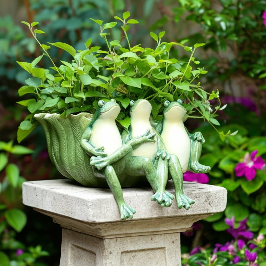 Decorative Planter - Green Resin Three Sitting Frogs, 10 in.