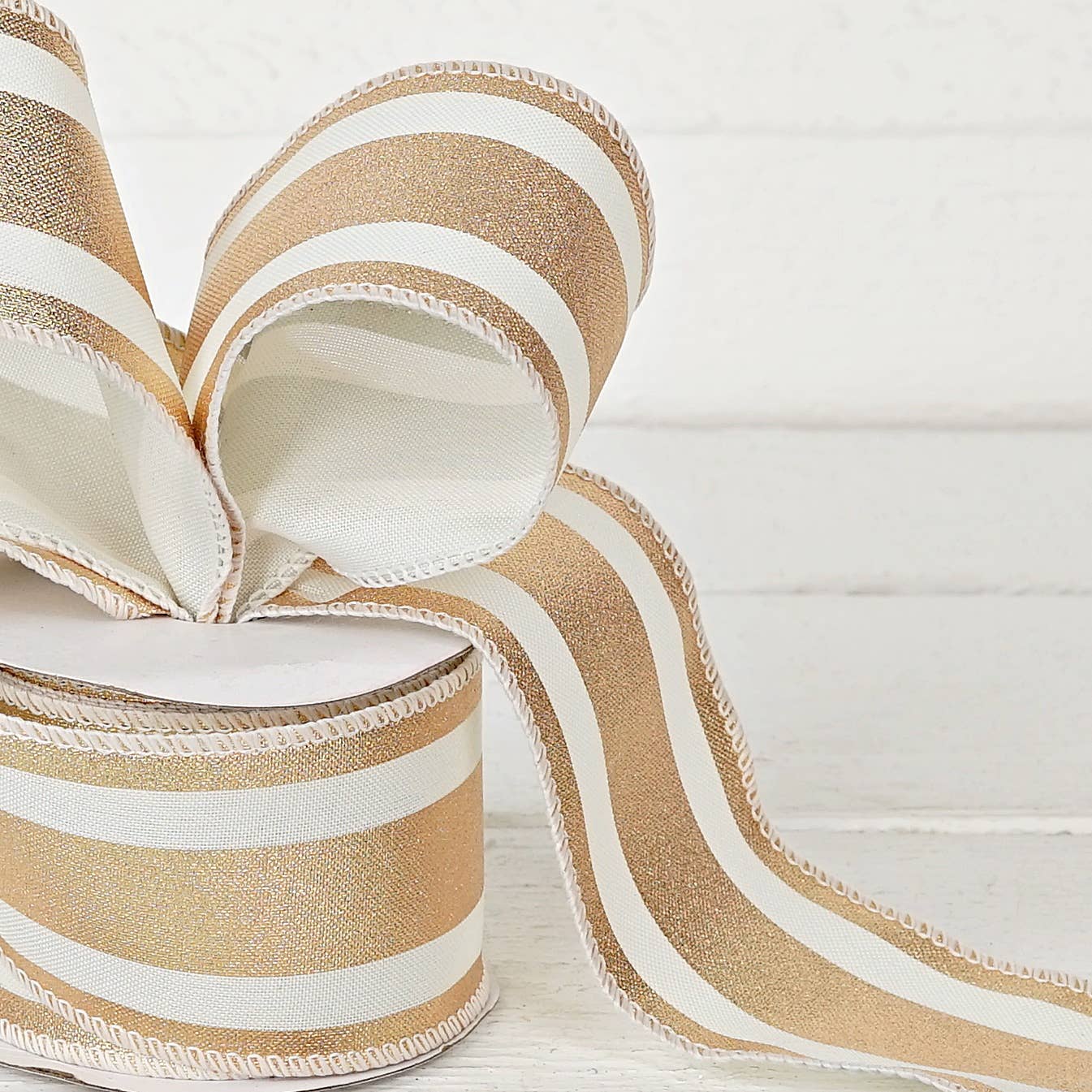 R32917-Wired Ribbon-Fabric-Gold and Cream (2.5inW)