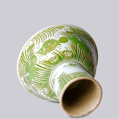 Green and White Porcelain Fish and Lotus Large Footed Bowl