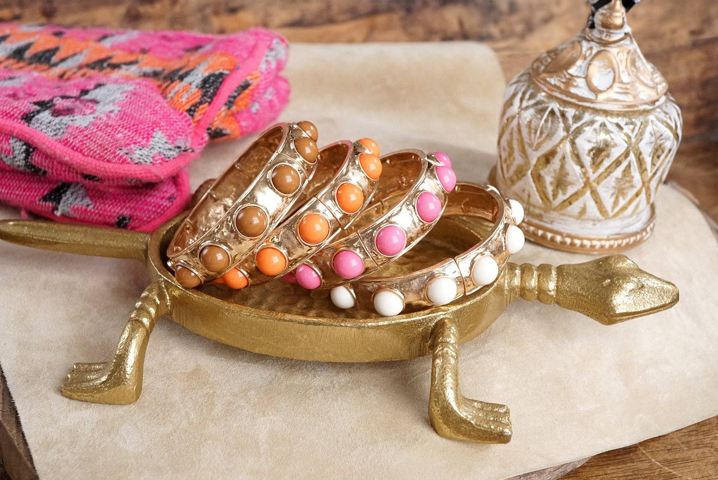 Eternity Statement Bangle Gold Tone Red Blue Brown Green Black Pearl