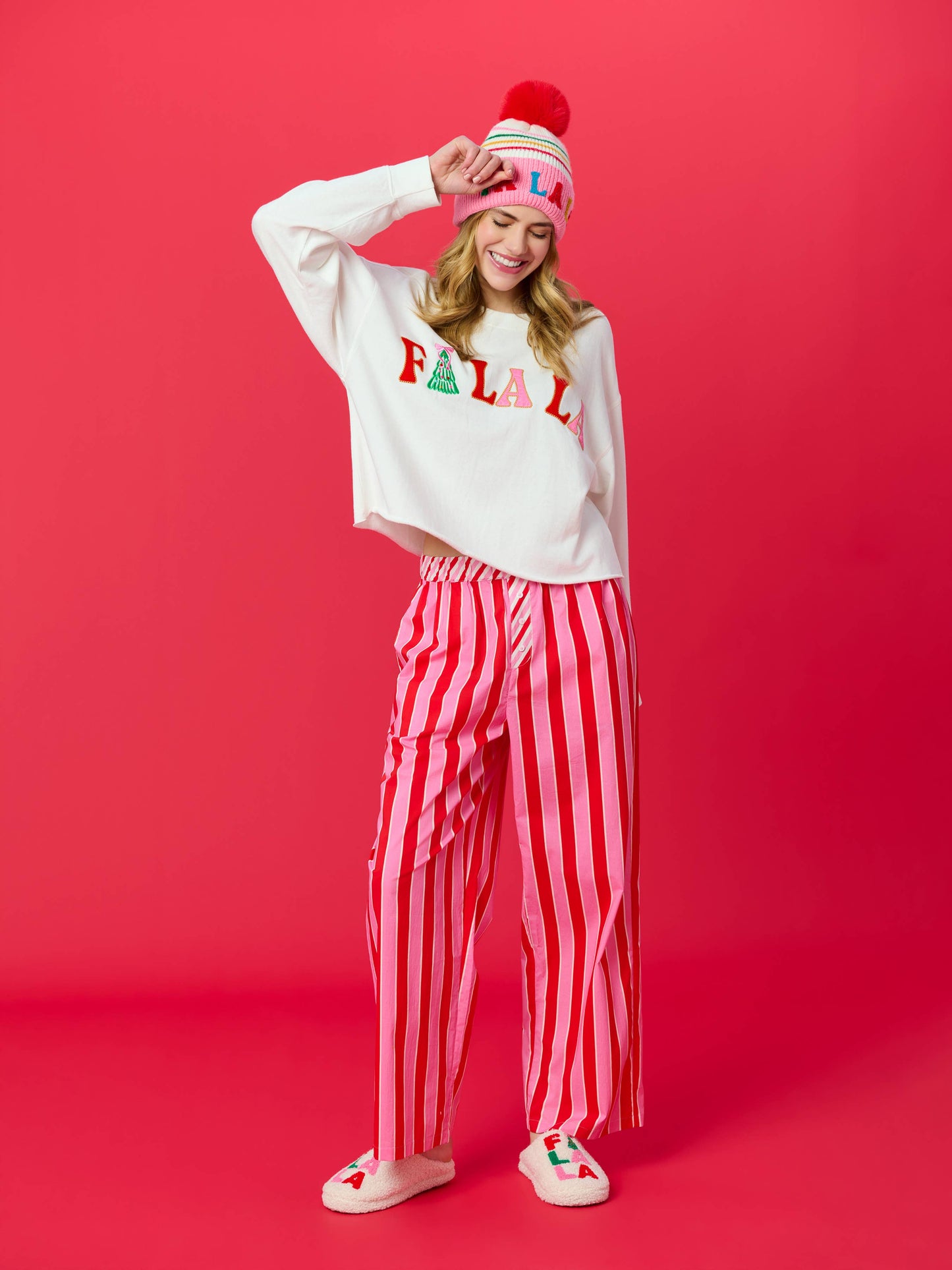 "FA LA LA" STRIPED BEANIE, PINK