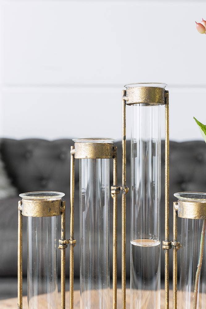 17.5x2x14" Glass Vial Flower Vase with Bronze Iron Frame