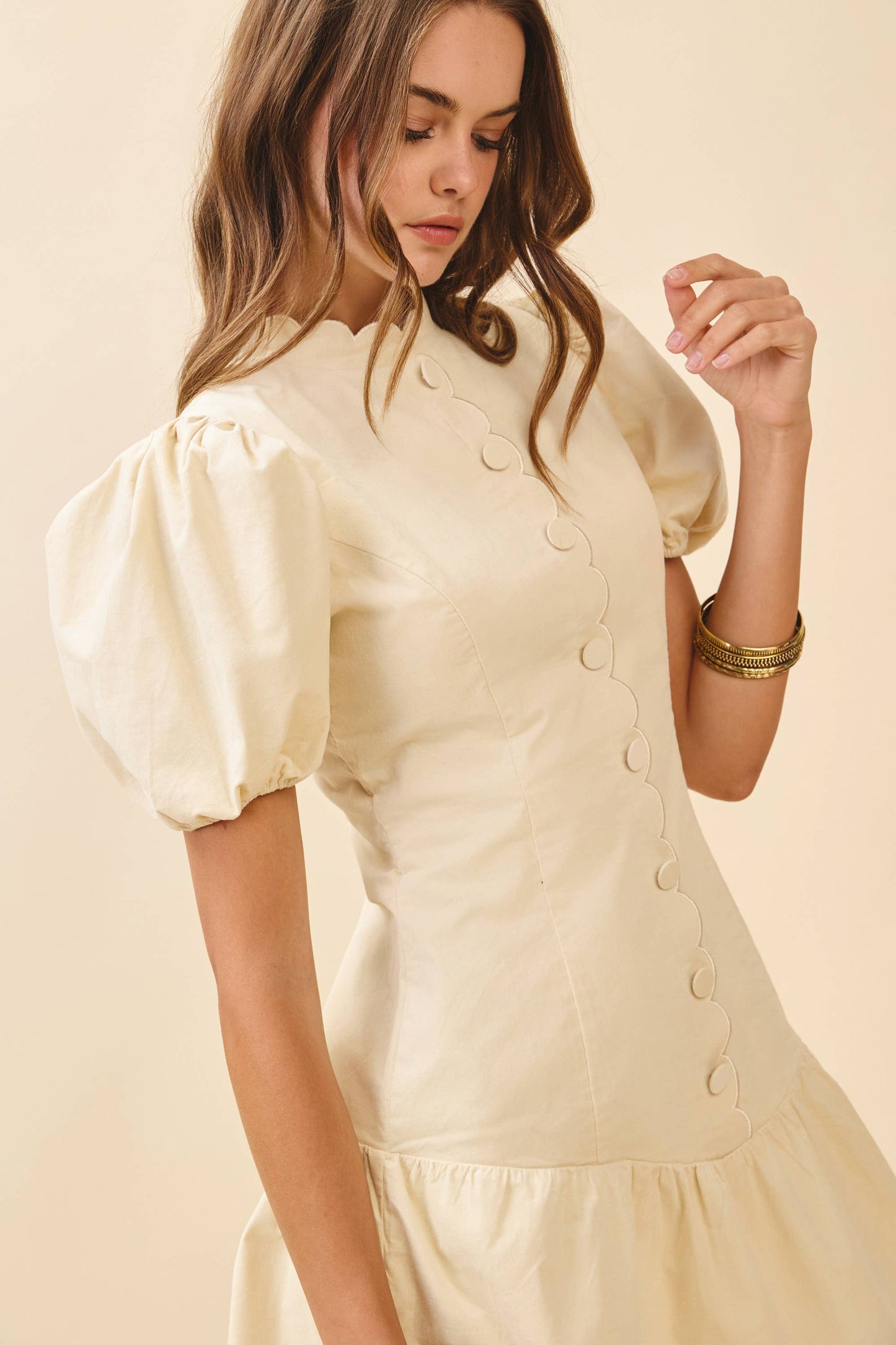 Scalloped Detail Fitted Bodice Ruffle Hem Dress