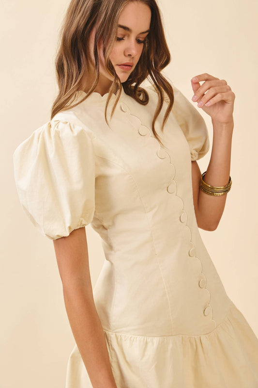 Scalloped Detail Fitted Bodice Ruffle Hem Dress