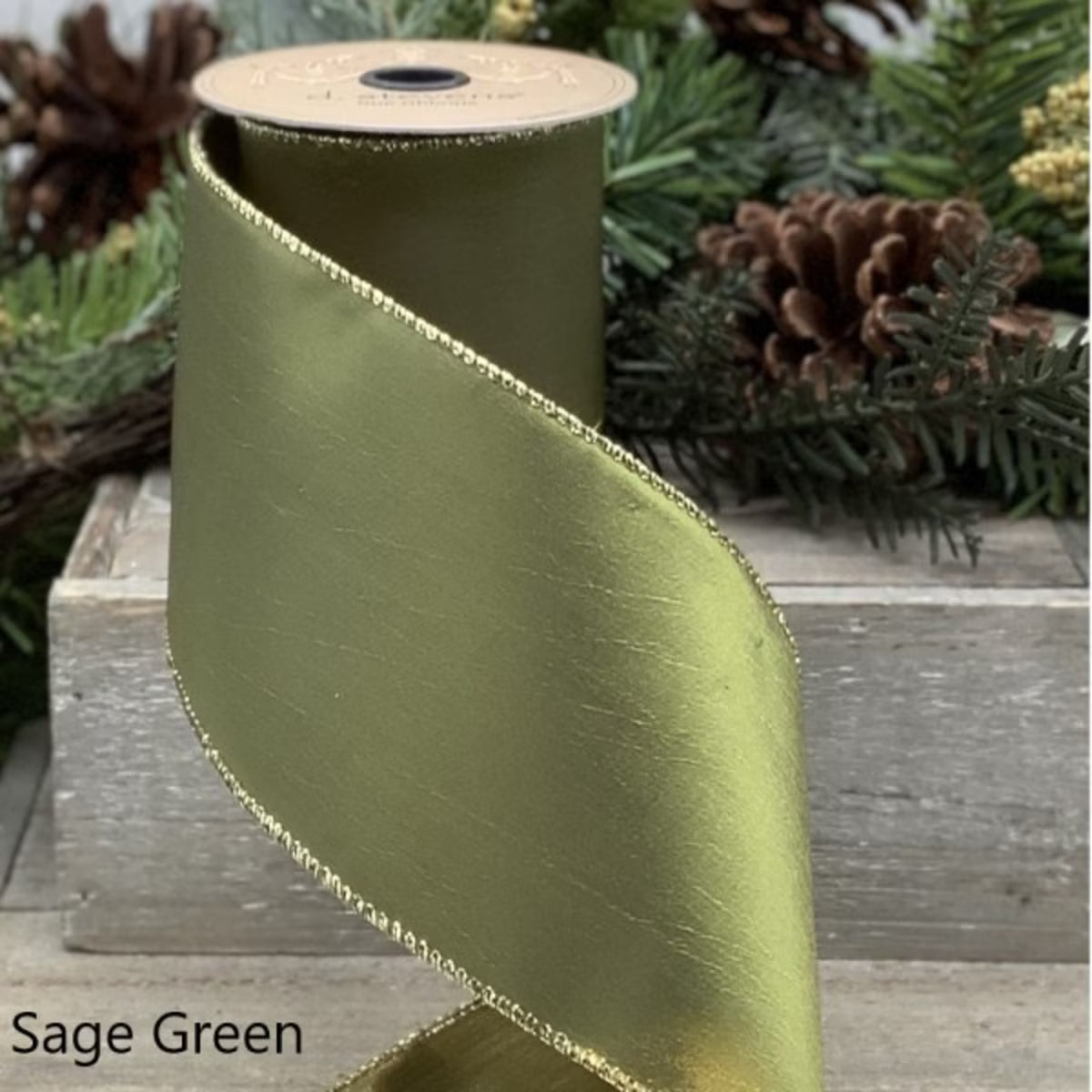 4" x 10yds Taffeta Gold Back, Sage Green