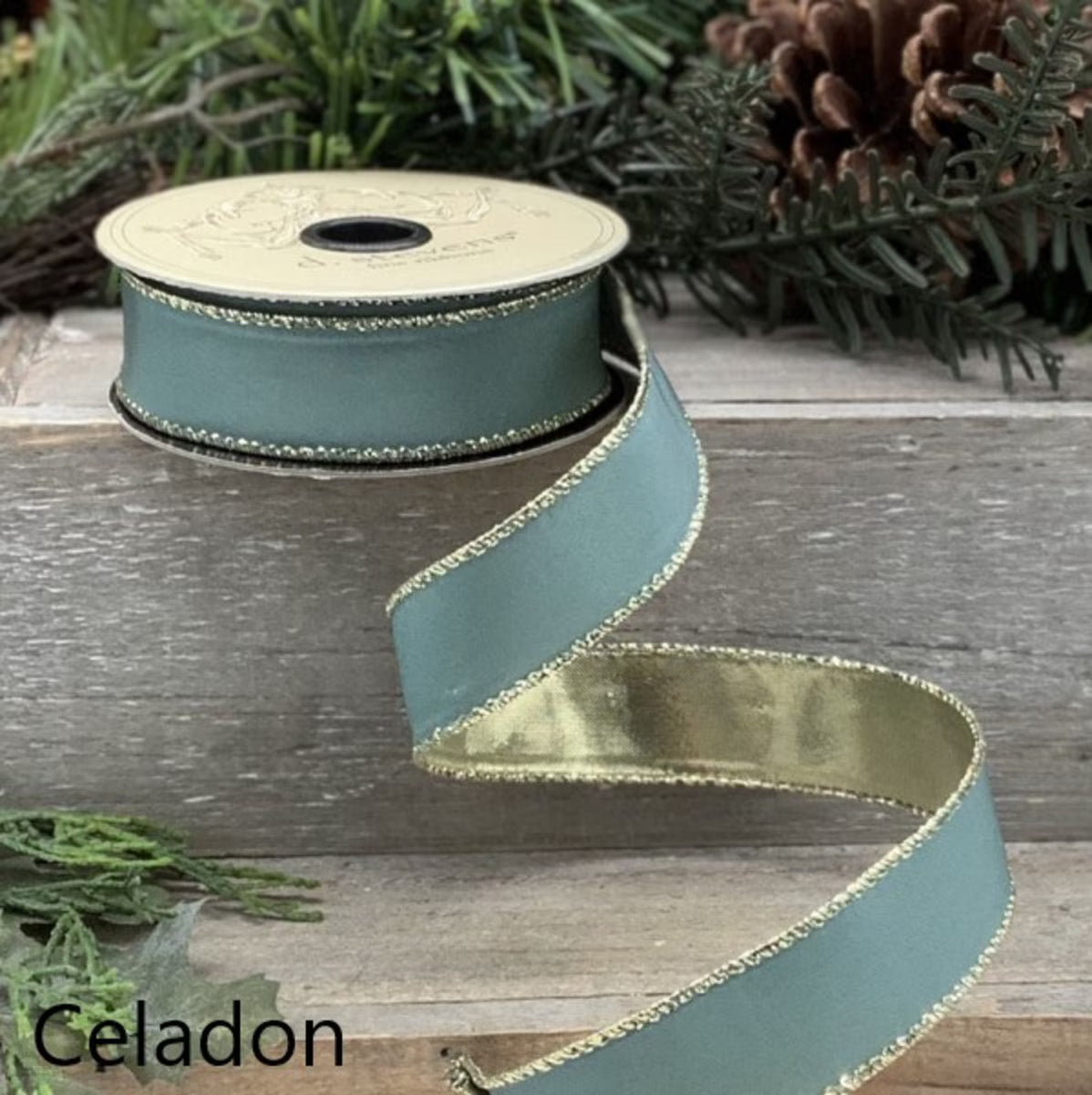 1" x 10yds Royal Taffeta Gold Back, Celadon
