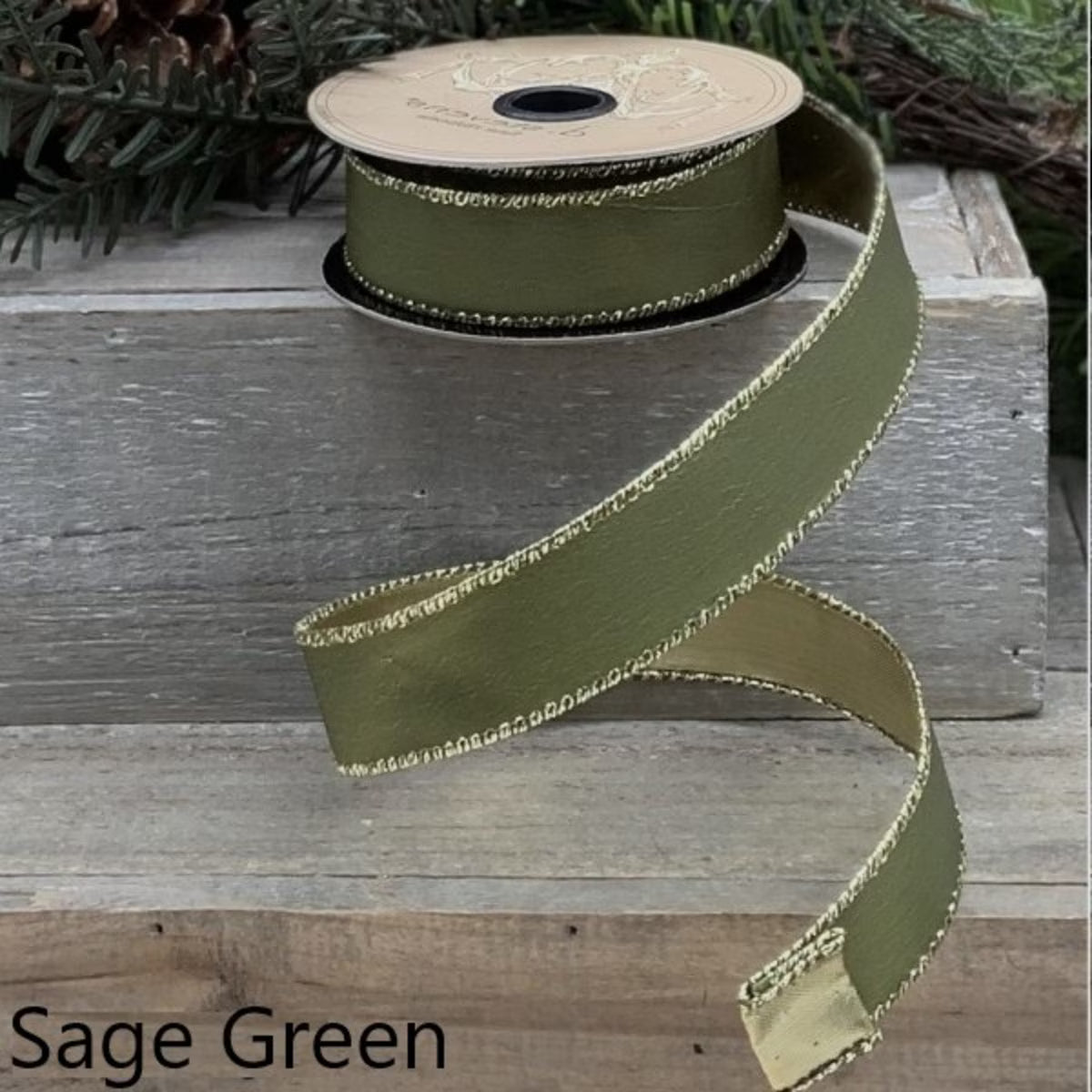 1" x 10yds Royal Taffeta Gold Back, Sage Green