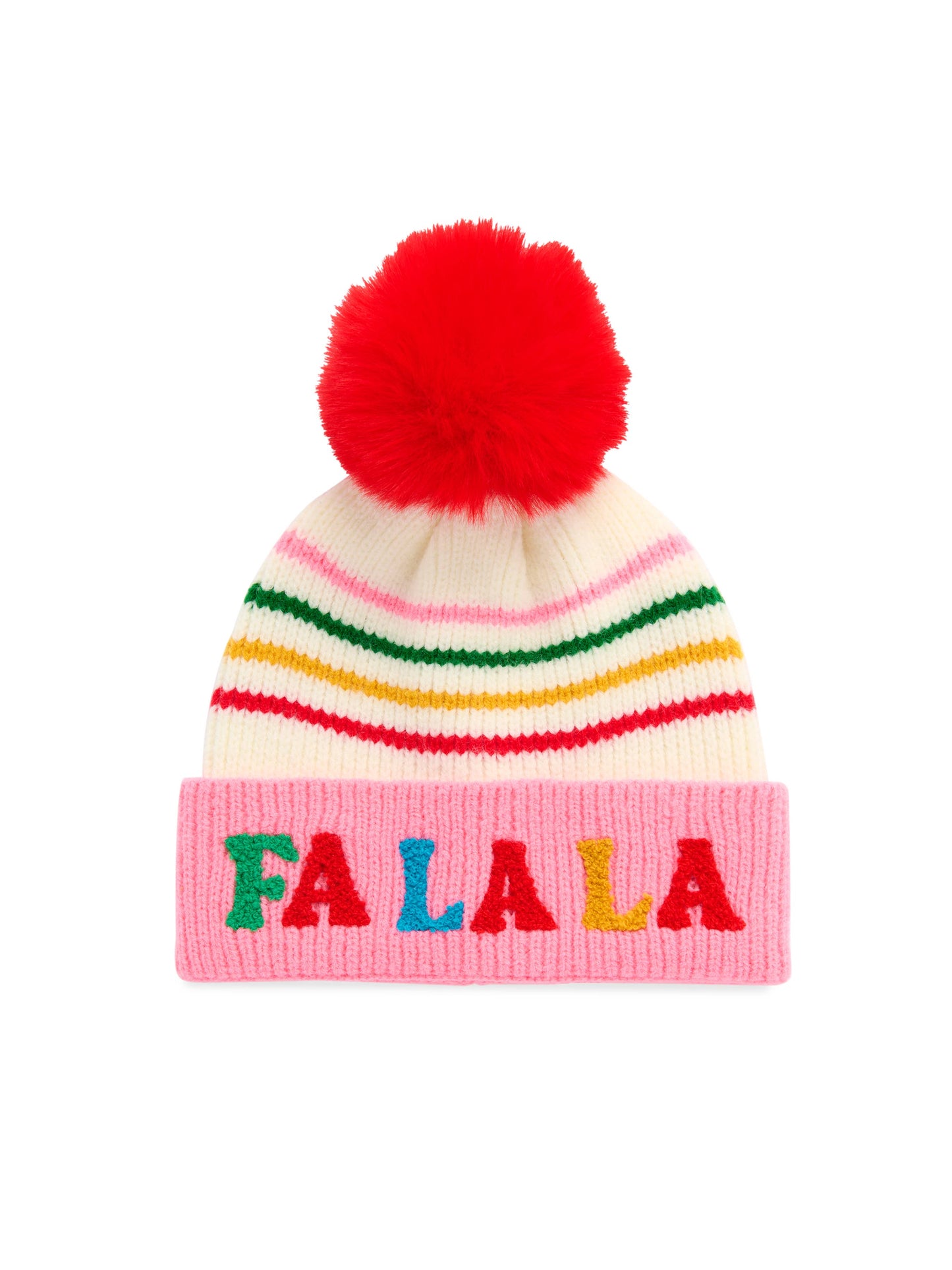 "FA LA LA" STRIPED BEANIE, PINK