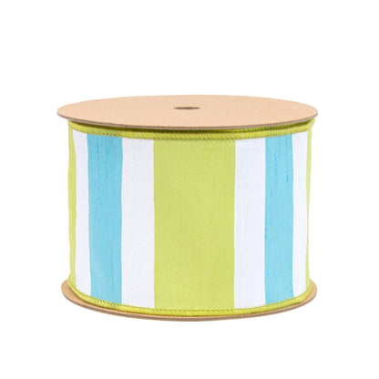 4" Wired Dupioni Ribbon | Green/White/Blue Large Horizontal Stripe w/ Green Backing | 10 Yard Roll
