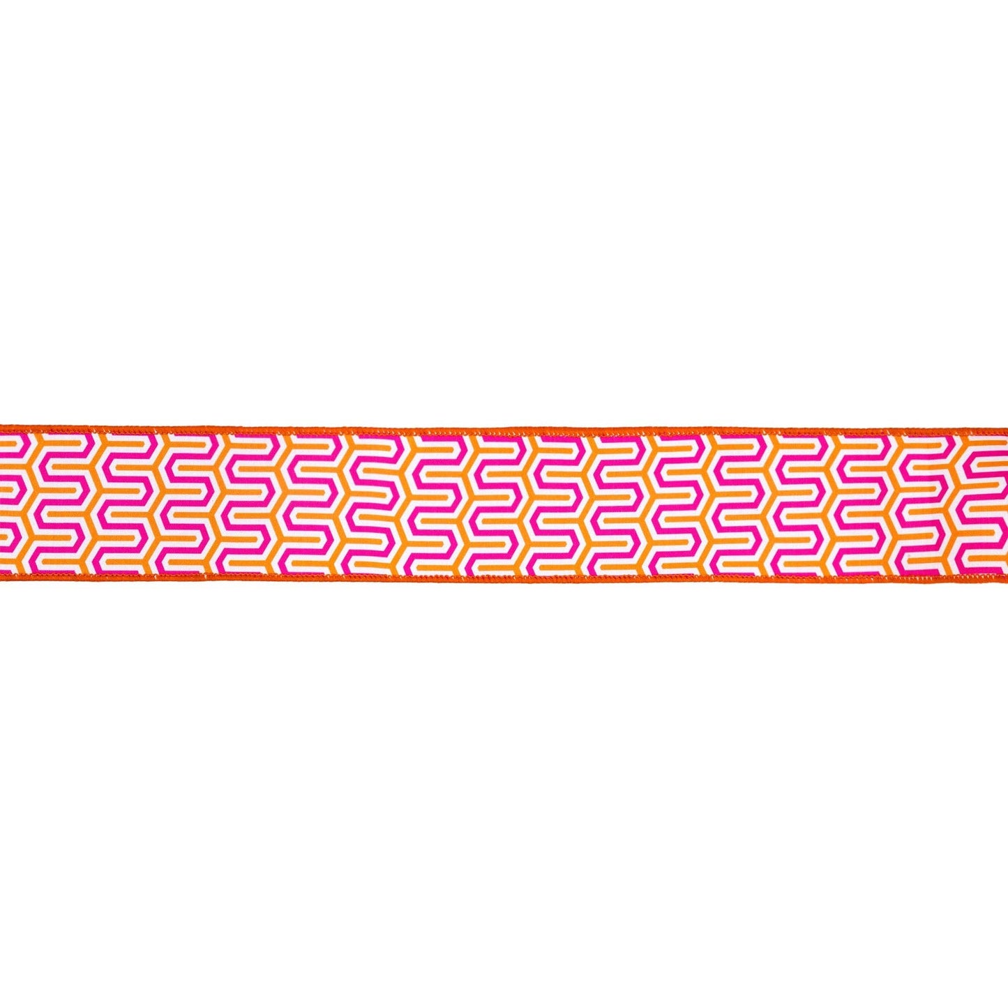 2 1/2" Wired Dupioni Ribbon| Pink/Orange/White Geometric w/ Orange Backing | 10 Yard Roll