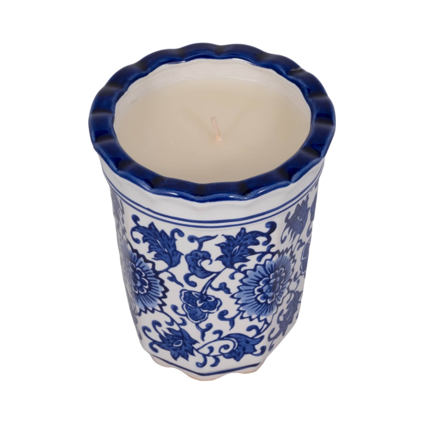 Candle - Blue/White Ceramic Fluted  Chinoiserie, 7 Oz