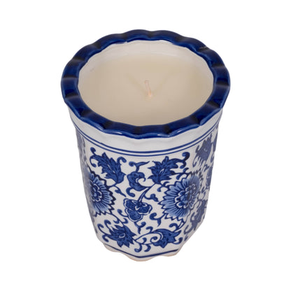 Candle - Blue/White Ceramic Fluted  Chinoiserie, 7 Oz
