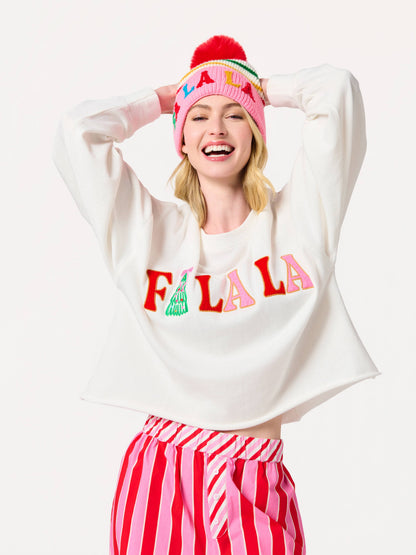 "FA LA LA" STRIPED BEANIE, PINK