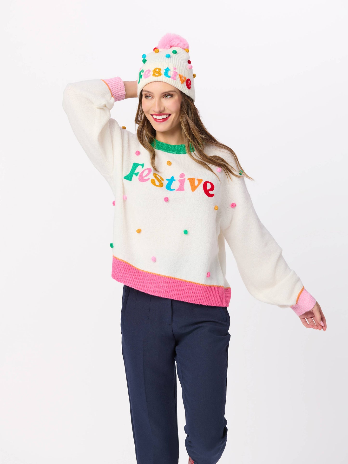 FESTIVE POM POM RELAXED SWEATERS, IVORY