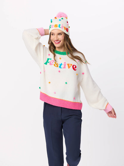 FESTIVE POM POM RELAXED SWEATERS, IVORY
