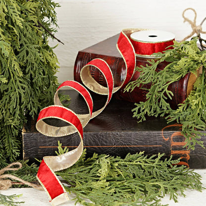 57R1220- Wired Velvet Ribbon-1inx10YD-Red/Gold Wire/Metalic