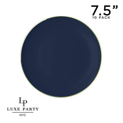 Round Navy Blue and Gold Plastic Plates | 10 Pack