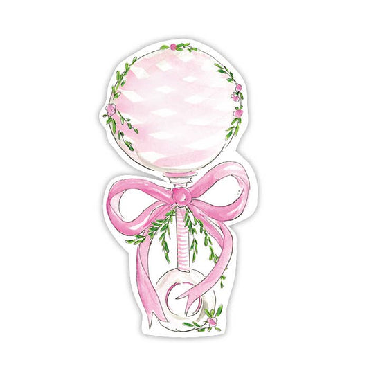 Handpainted Pink Rattle with Greenery Die-Cut Accents