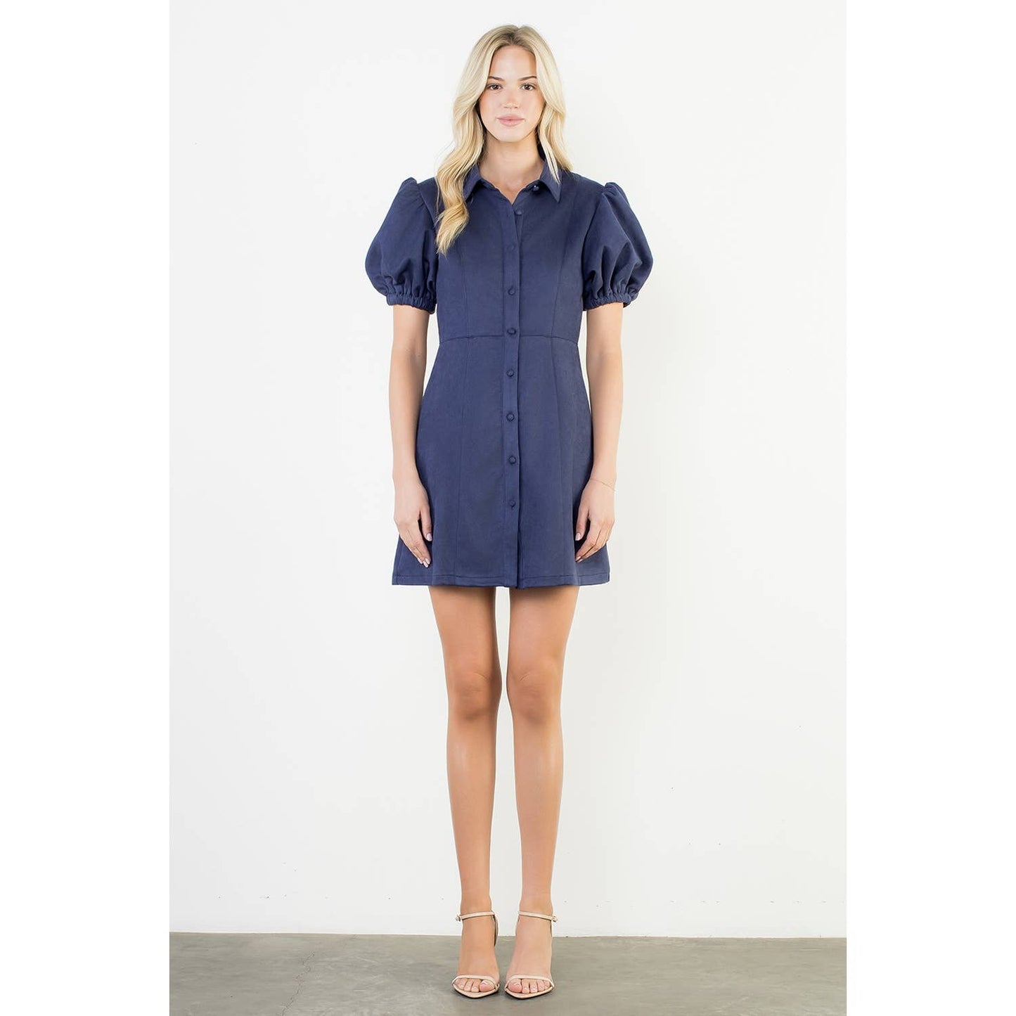 Puff Sleeve Button Up Suede Dress
