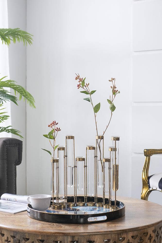 17.5x2x14" Glass Vial Flower Vase with Bronze Iron Frame