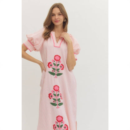 Floral embroidery Stripe midi dress