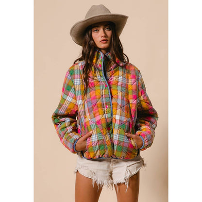 BLEACHED VINTAGE PLAID QUILTED JACKET WITH POCKETS