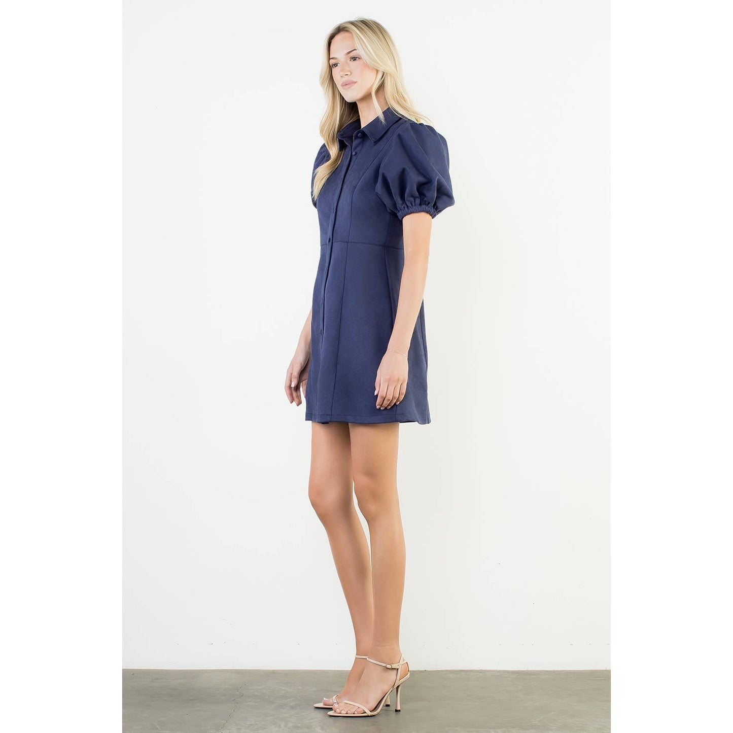 Puff Sleeve Button Up Suede Dress