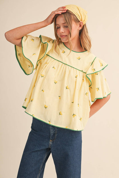 LEMON EMBROIDERY CONTRAST PIPING TOP