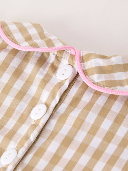Fall Thanksgiving Lapel Plaid Chick Embroidery Smocking Bow Baby Girls Romper