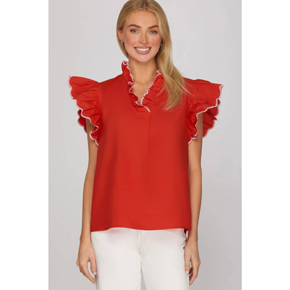 NEW EMBROIDERED RUFFLE SLEEVE TOP