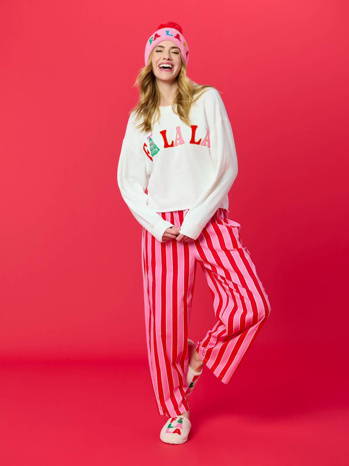 "FA LA LA" STRIPED BEANIE, PINK