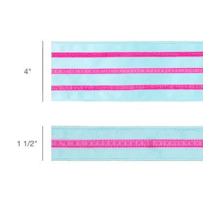 4" Wired Velvet Ribbon w/ Trim | Blue w/ Pink Trim | 10 Yard Roll