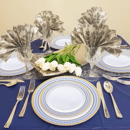 White Blue Gold Chord Rim Dinnerware Value Set - 20 Sets