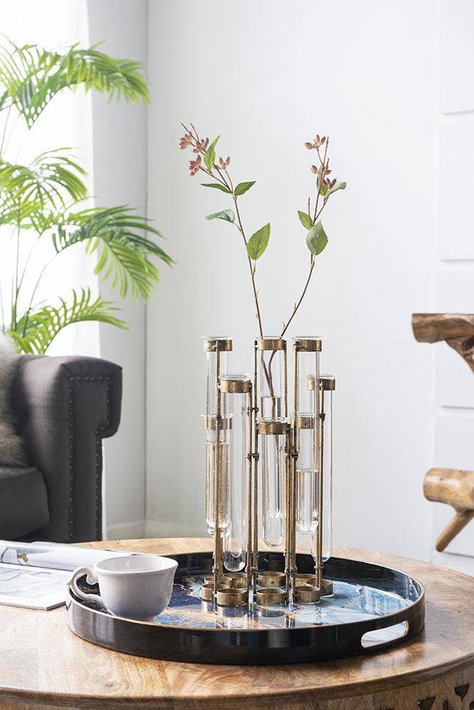 17.5x2x14" Glass Vial Flower Vase with Bronze Iron Frame