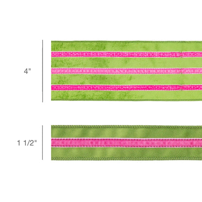 4" Wired Velvet Ribbon w/ Trim | Green w/ Pink Trim | 10 Yard Roll