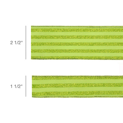 2 1/2" Wired Ribbon | Green Glittered Pinstripes on Light Green | 10 Yard Roll
