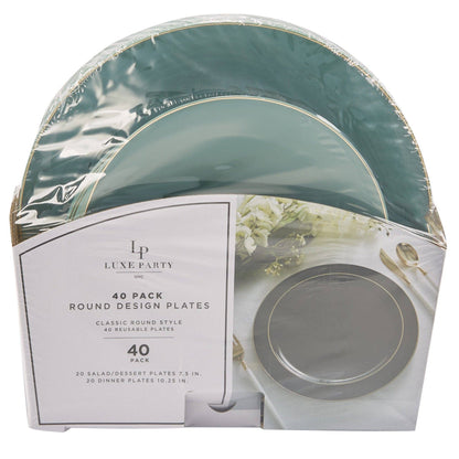 Round Sage Green and Gold Plastic Plates Set | 40 Pack
