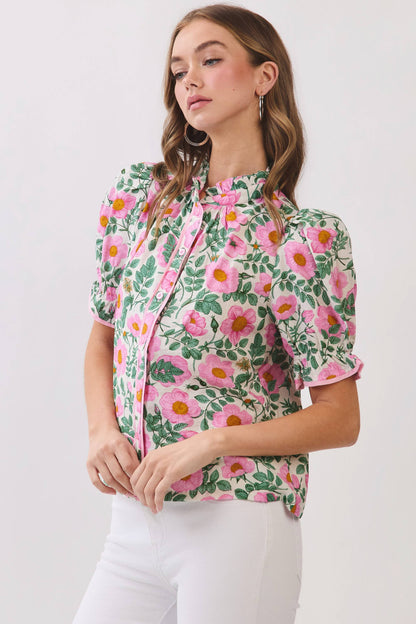CT10022-Floral Print Button Down Puff Sleeve Blouse