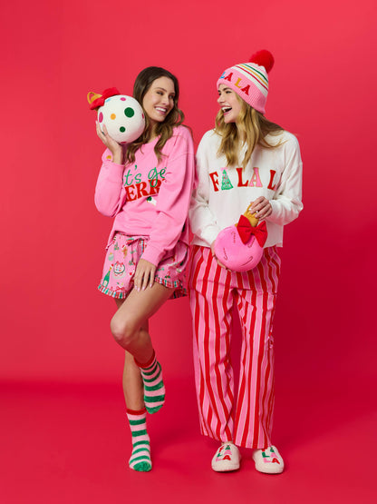 "FA LA LA" STRIPED BEANIE, PINK