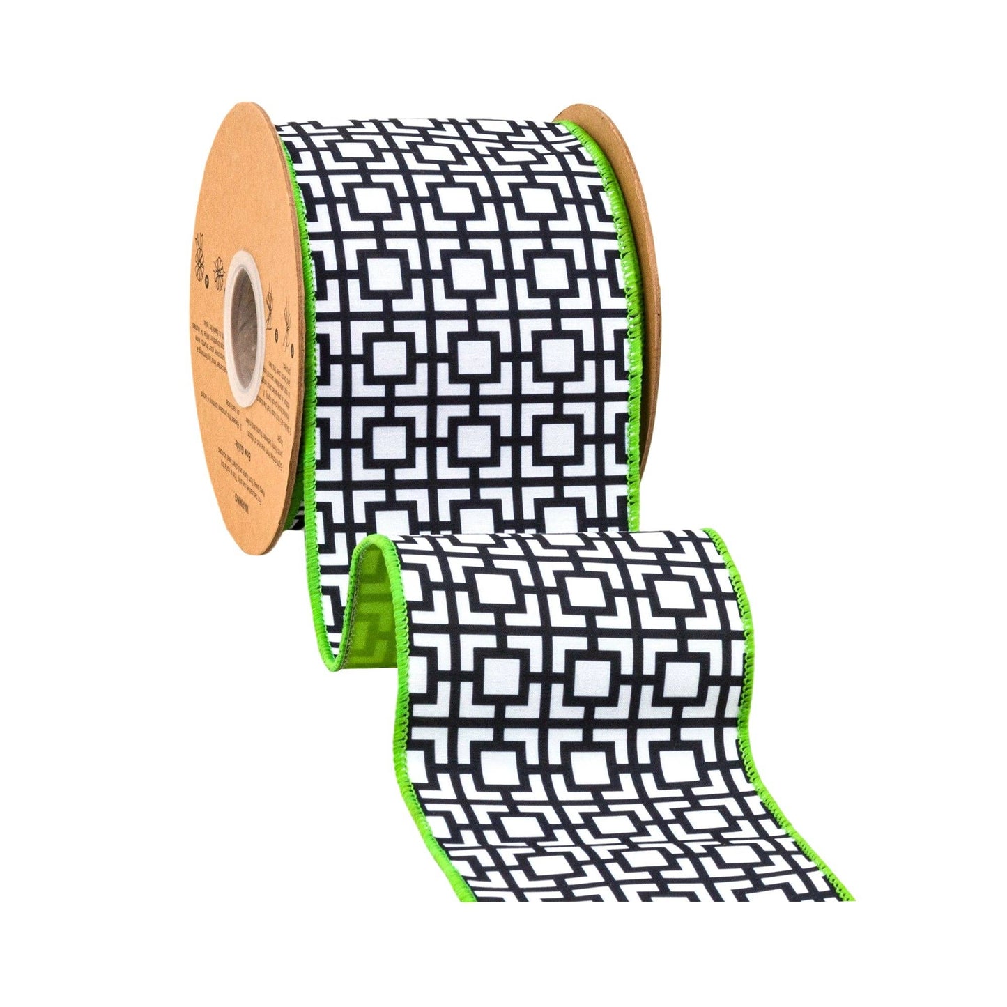 4" Wired Dupioni Ribbon | Black/White Breeze Block w/ Lime Green Backing | 10 Yard Roll