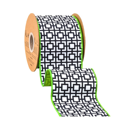4" Wired Dupioni Ribbon | Black/White Breeze Block w/ Lime Green Backing | 10 Yard Roll
