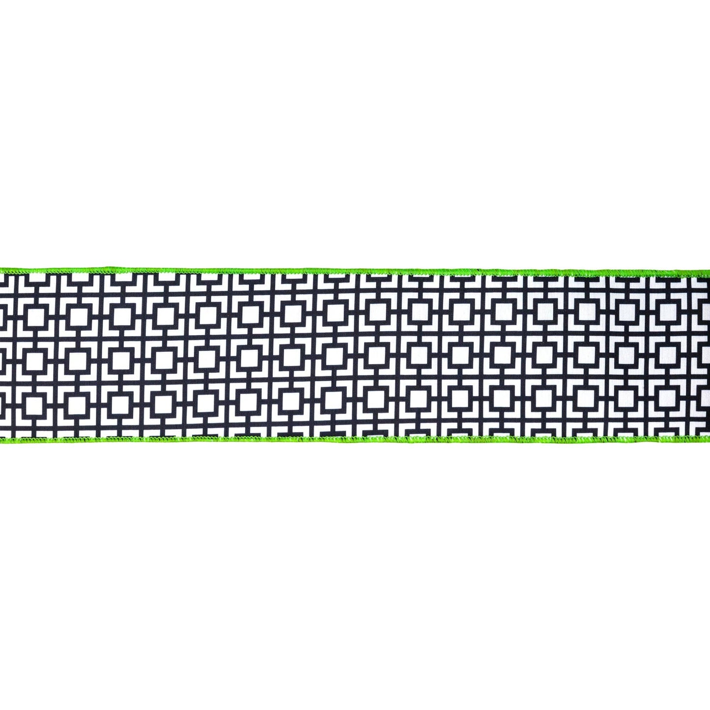 4" Wired Dupioni Ribbon | Black/White Breeze Block w/ Lime Green Backing | 10 Yard Roll