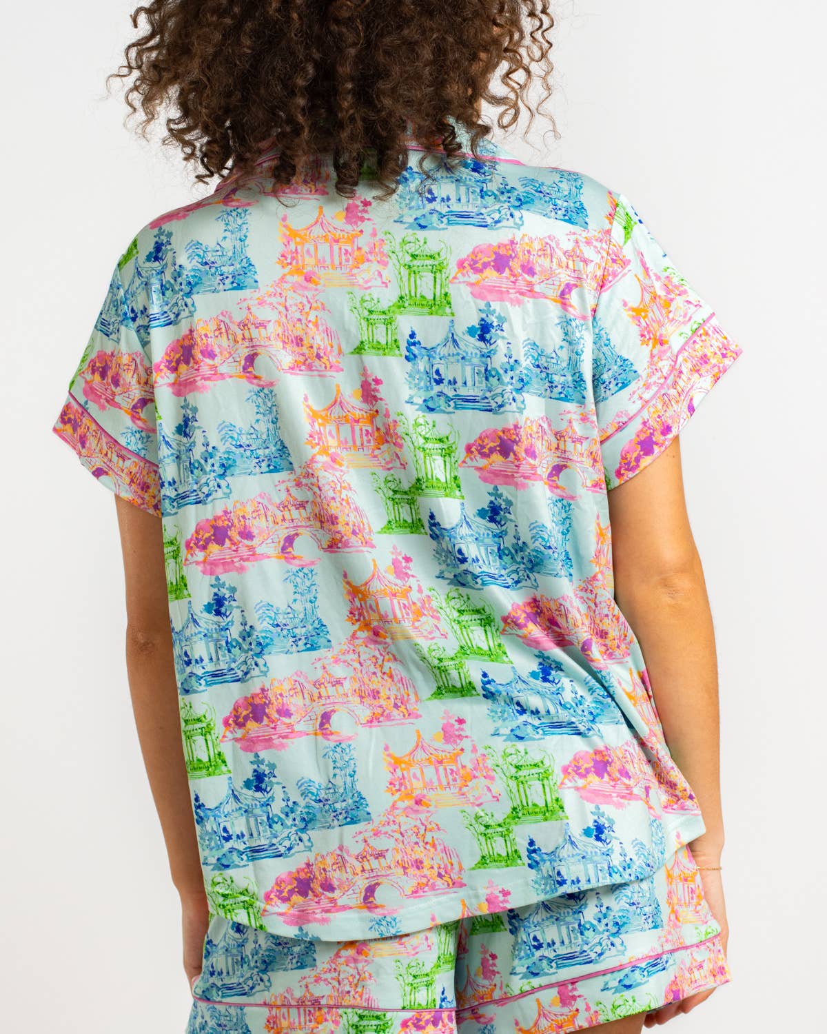 Maya Short Sleeve Button Up Sleep Shirt   Aqua/Multi