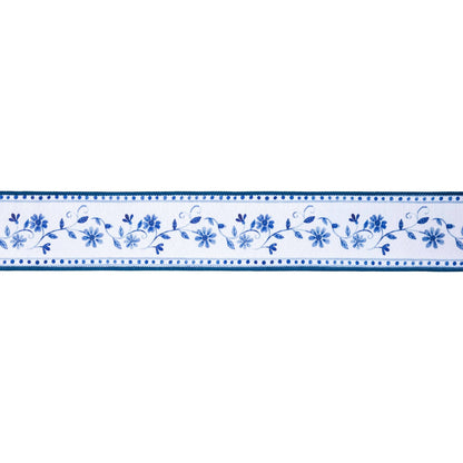 2 1/2" Wired Dupioni Ribbon | Blue Floral Vine on White w/ Blue Backing | 10 Yard Roll