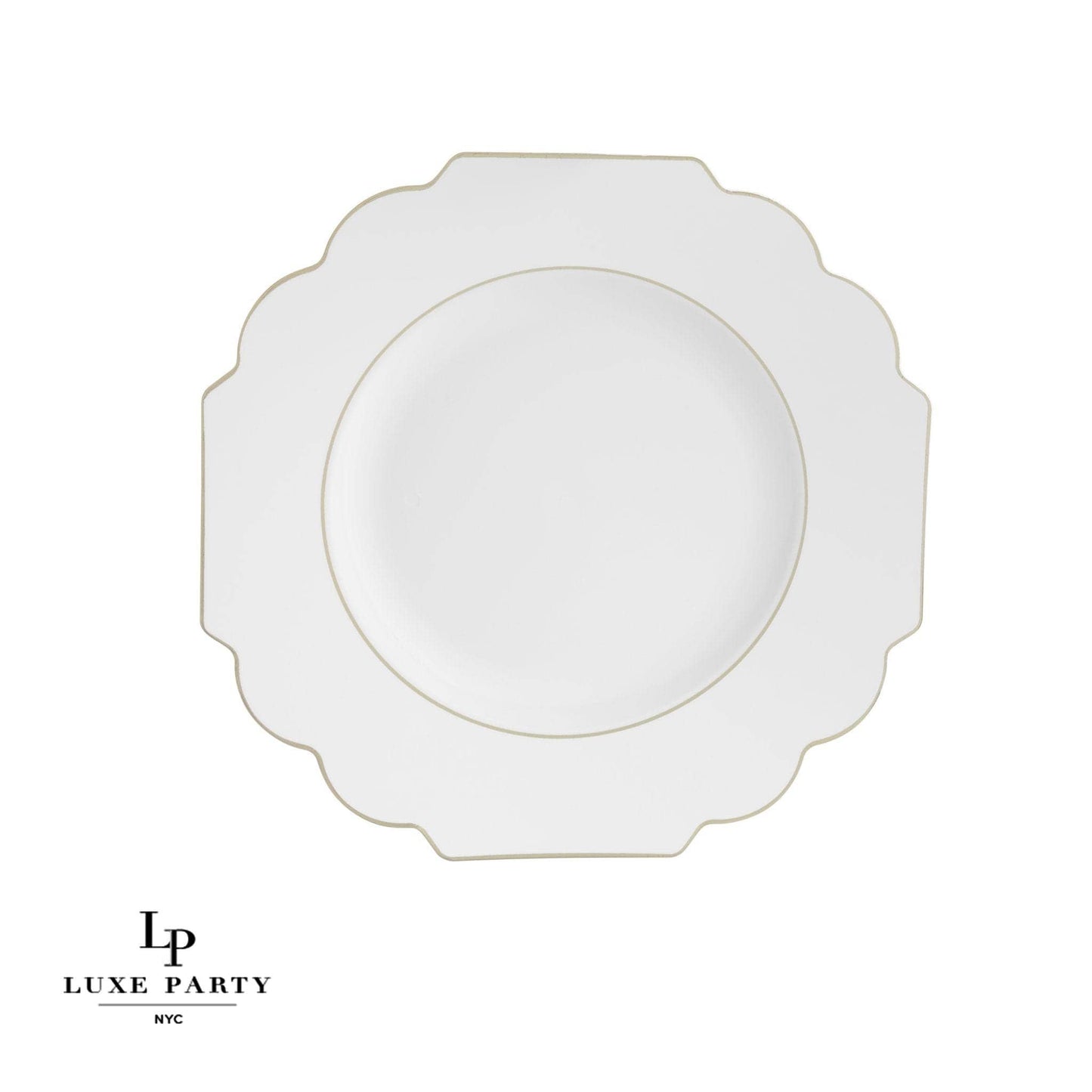 Scalloped Plastic Plates • White • Gold trim | 10 Pack