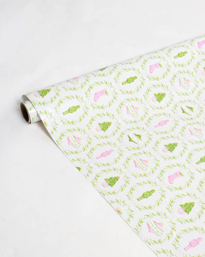 Nutcracker Trellis Paper Gift Wrap   White/Green/Pink   30x120