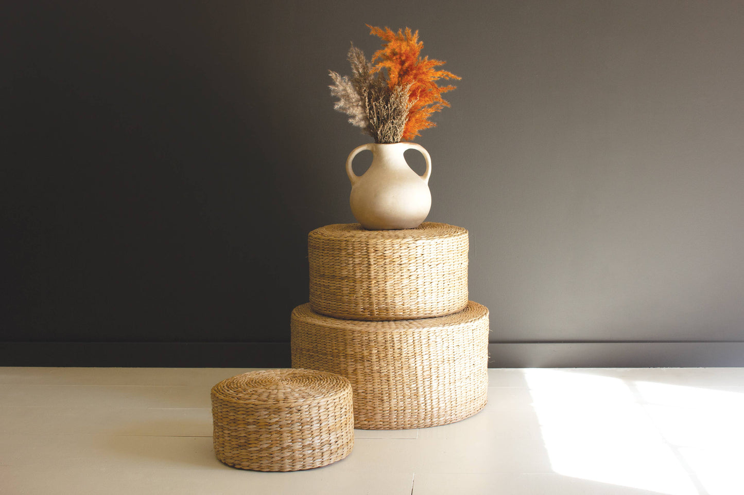 SET OF THREE ROUND NATURAL SEAGRASS RISERS