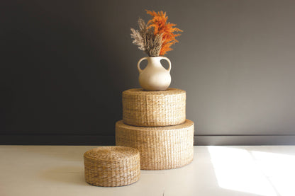 SET OF THREE ROUND NATURAL SEAGRASS RISERS