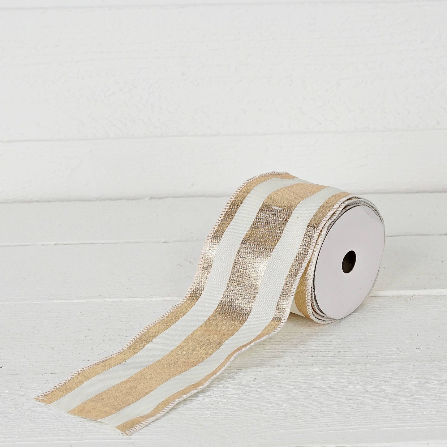 R32957-Wired Ribbon-Fabric-Gold and Cream Strips (4inW)