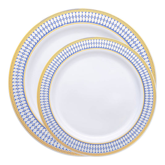 White Blue Gold Chord Rim Dinnerware Value Set - 20 Sets